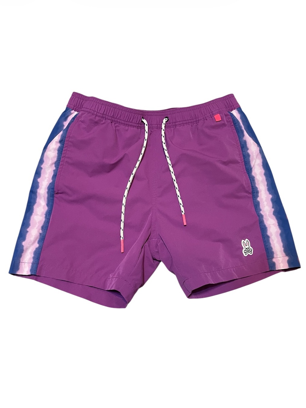 Men's Psycho Bunny Swim Trunks Purple Tie-Dye Side Stripe Drawstring Board Short